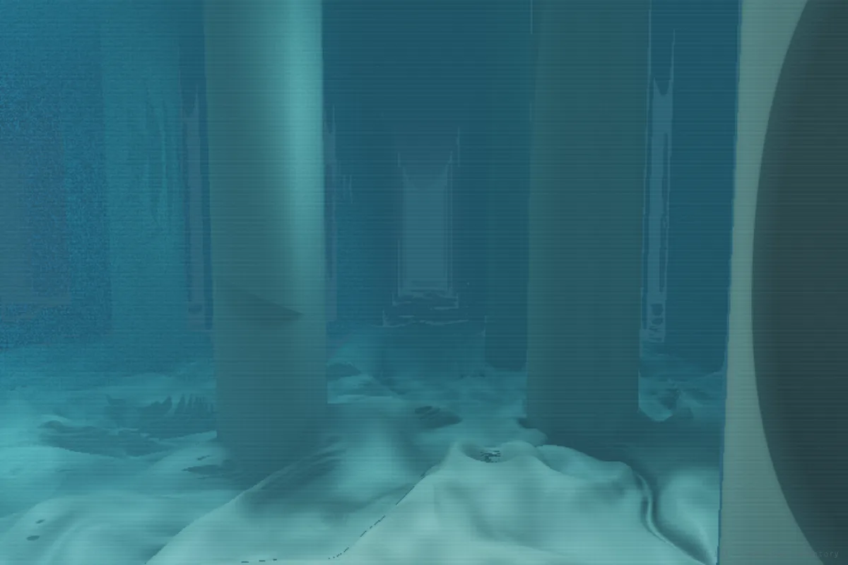 Generated raymarched scene of a flooded stone cistern lit from above