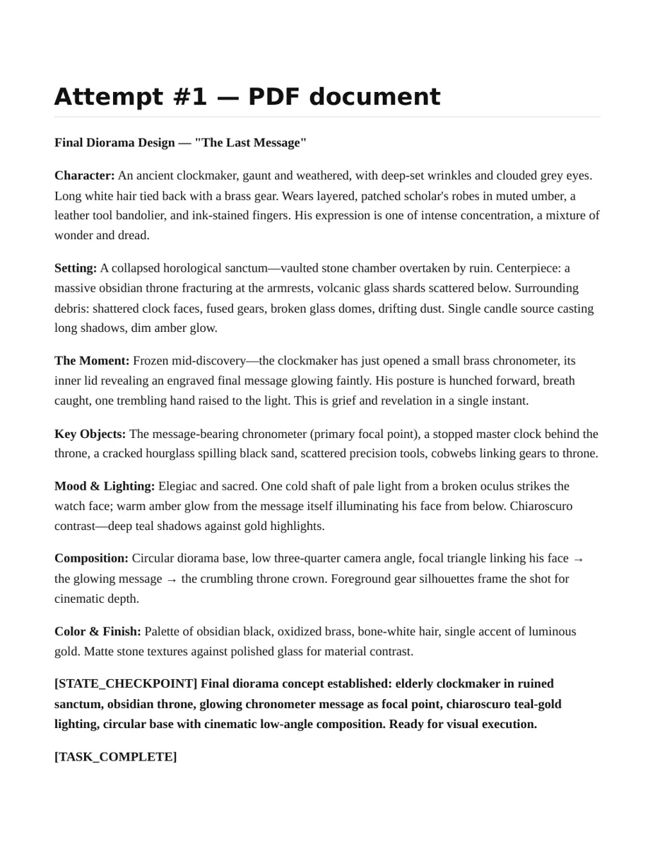 First page of a generated PDF design brief for a clockmaker diorama
