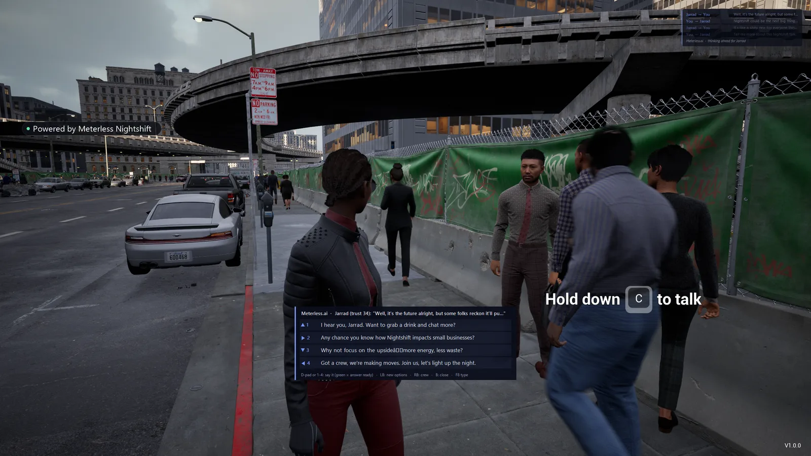 Meterless City: a player on a city sidewalk beside a passer-by, four lines to say on screen and the prompt Hold down C to talk