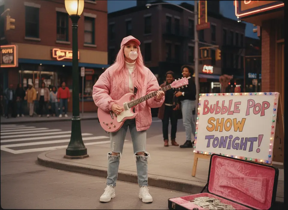 A frame from a generated sitcom pilot: a pink-haired street musician playing guitar beside a Bubble Pop Show Tonight sign