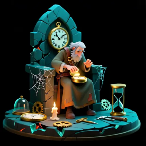 Generated fantasy character study of an elderly clockmaker seated among clocks and glass vessels