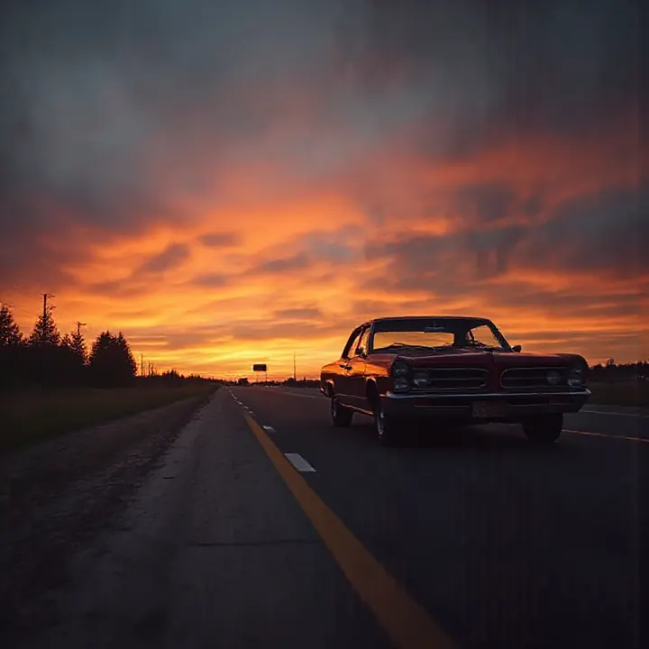 Generated cinematic still of a vintage car beneath an orange sunset on an open road